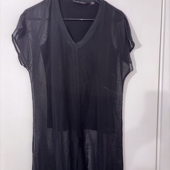 Colleen Lopez Long Sheer Tunic Topper size Medium Cap Sleeve Black Chiffon Artsy - Picture 1 of 6